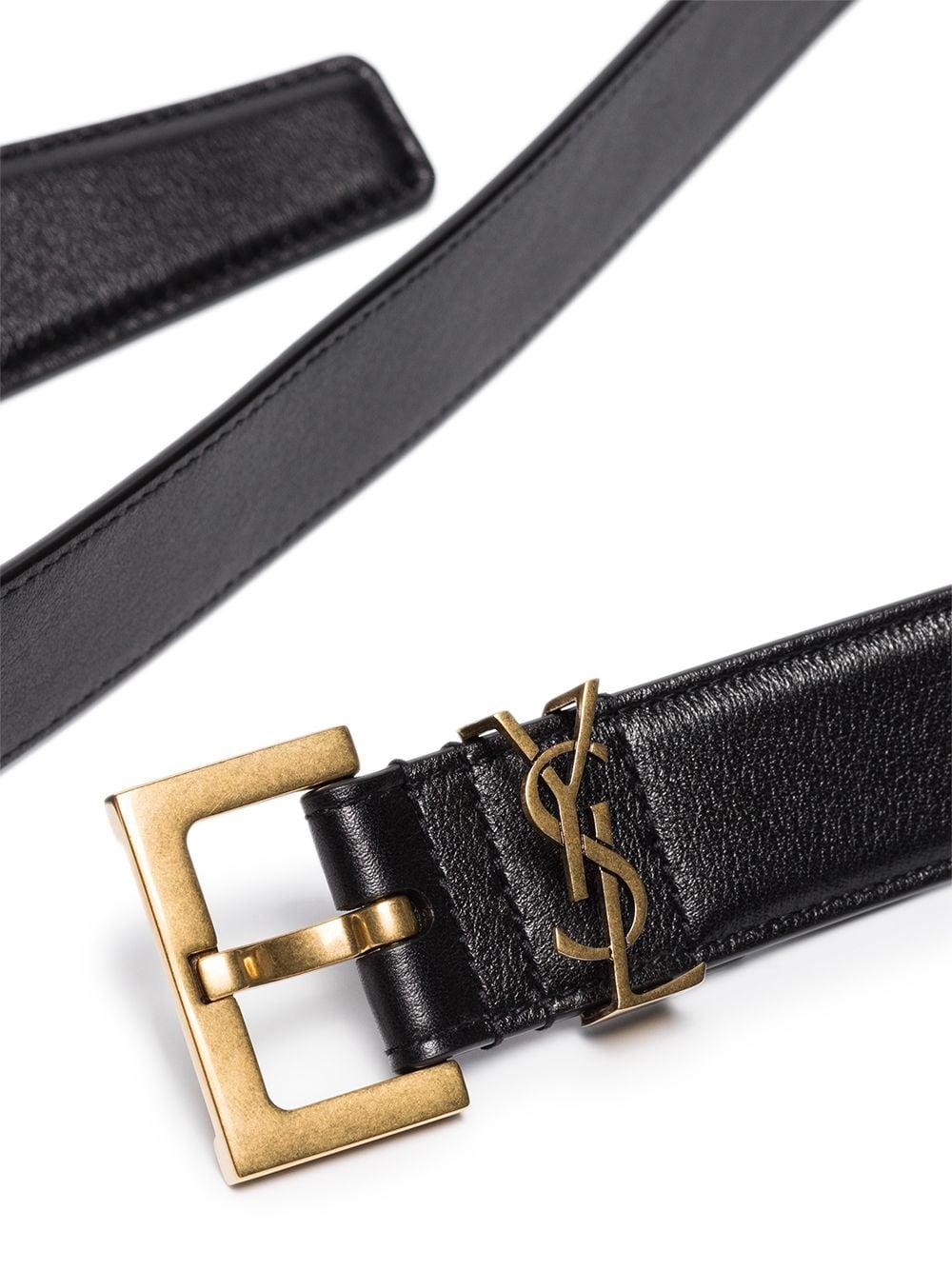 SAINT LAURENT Women's Black Monogram Belt with Gold-Tone Logo Plaque and Buckle Fastening