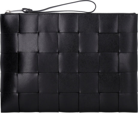BOTTEGA VENETA Black Leather Pouch Handbag with Intreccio Pattern for Men