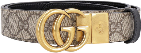GUCCI Reversible Belt - Gold-Tone Buckle, GG Supreme Fabric and Smooth Leather, 3 cm Belt Height