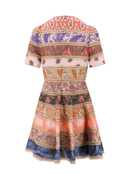 ZIMMERMANN Multicolor Linen Short-Sleeved Dress with Lace Trims