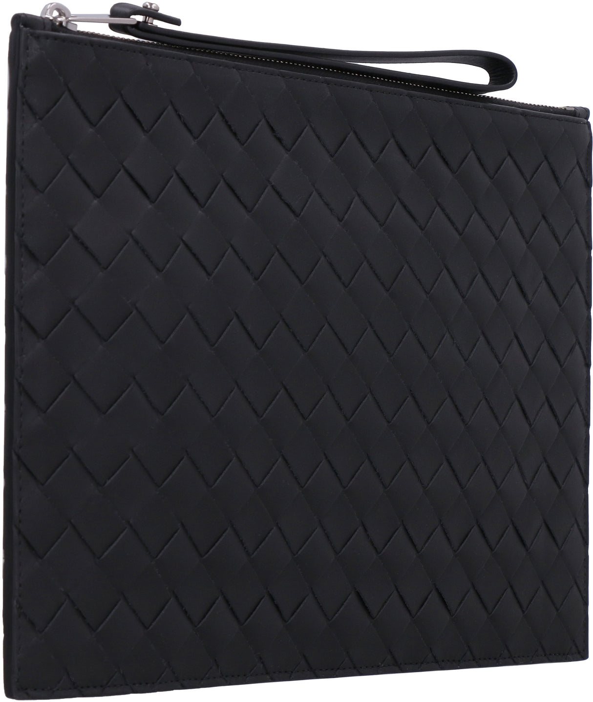 BOTTEGA VENETA Men's Black Leather Pouch Handbag - Intrecciato Design, Top Zip Closure, Wrist Strap