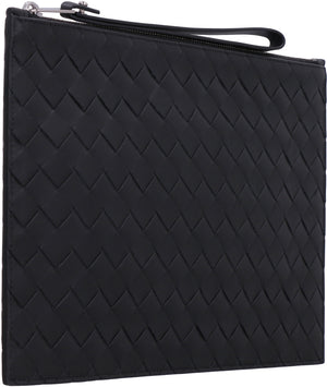 BOTTEGA VENETA Medium Black Calfskin Leather Clutch with Intrecciato Weave and Wrist Strap, 21x30cm