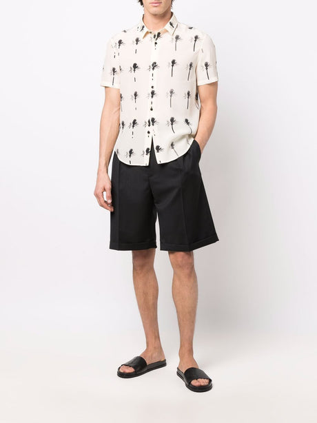 SAINT LAURENT Men's Short Sleeve Silk Shirt - Beige and Black