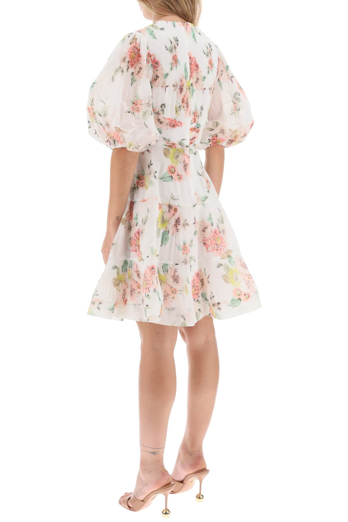 ZIMMERMANN Floral Print Pleated Dress with Balloon Sleeves