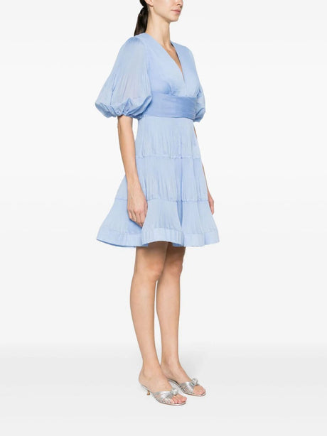 ZIMMERMANN Blue Puff Sleeve Pleated Minidress for Women - SS24 Collection