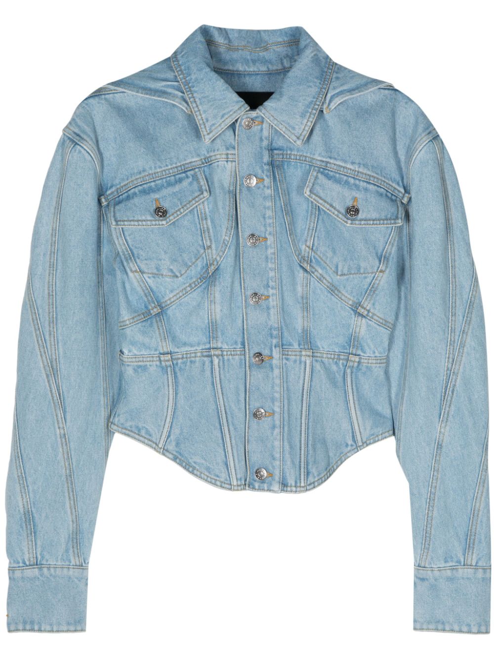 MUGLER Women's Blue Organic Cotton Denim Jacket with Hood and Panelled Design