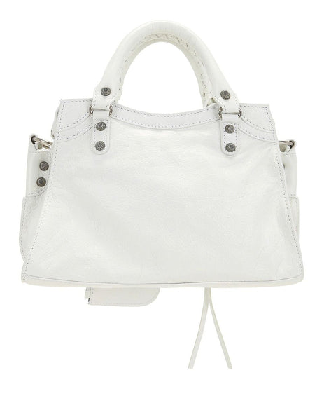 BALENCIAGA White Leather Handbag with Adjustable Strap and Woven Detail