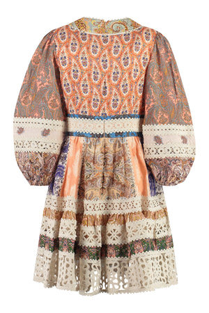 ZIMMERMANN Bohemian Chic Mini Dress with Crochet Trims and Paisley Motifs All-Over