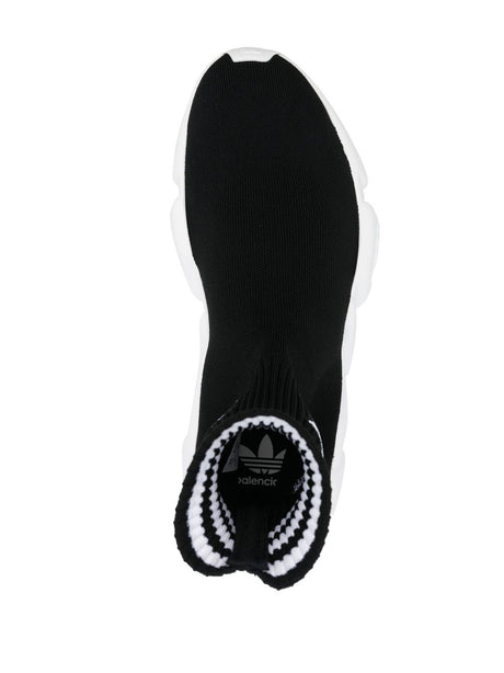 BALENCIAGA Black High-Top Knit Sneaker with Intarsia-Logo and Stripe Detailing