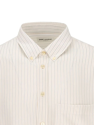 SAINT LAURENT Men's White Striped Embroidered Silk Shirt - SS24 Collection