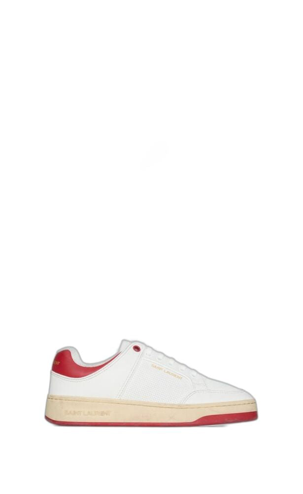 白色搪纹小牛皮女式运动鞋，配有红色和金色细节