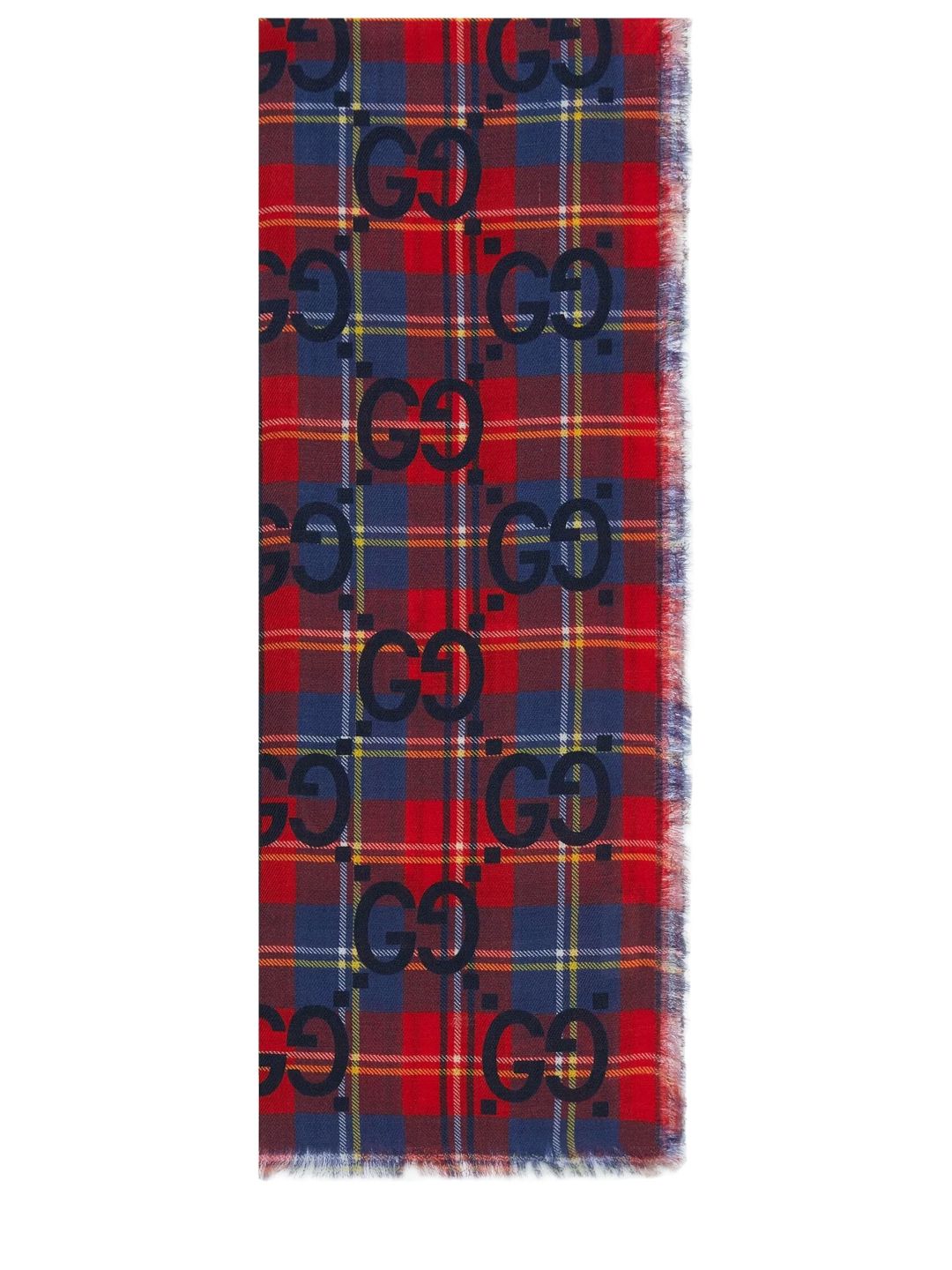 GUCCI Red and Blue Tartan Wool Scarf with Maxi GG Print for Men - FW22