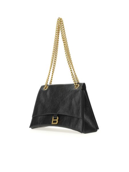 BALENCIAGA Black Leather Curve Crossbody Bag with Gold-Tone Chain - Medium
