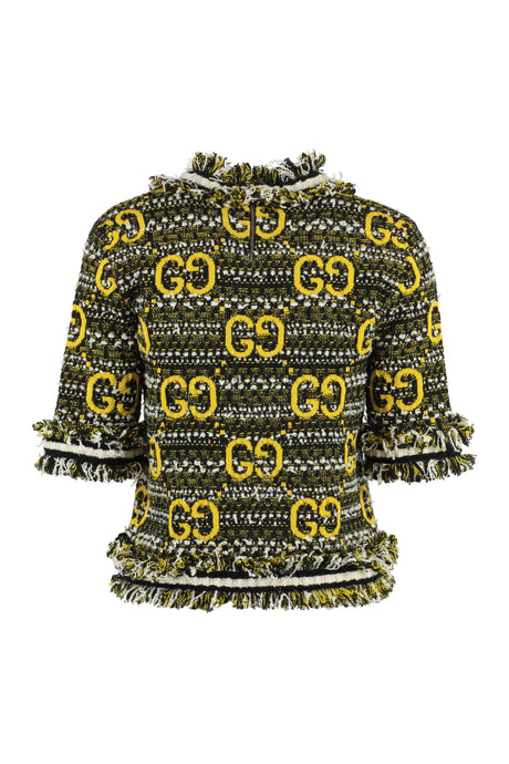 GUCCI Multicolor Mohair-Wool Sweater with GG Motif and Fringes