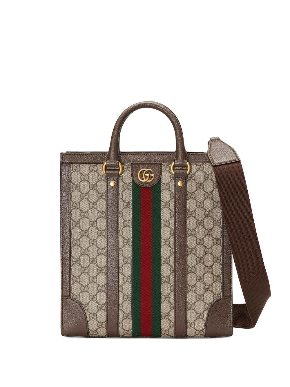 GUCCI Tan GG Supreme Canvas Medium Ophidia Tote with Green and Red Web Detail, Leather Accents and Antique Gold Hardware, 32x30x10.5 cm