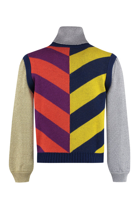 GUCCI Striped Wool Sweater with Logo Intarsia and Lamé Fabric Details for Men