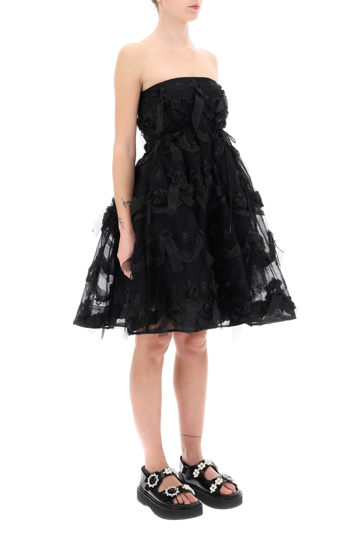 SIMONE ROCHA Elegant Black Tulle Dress with Bow and Floral Embroidery