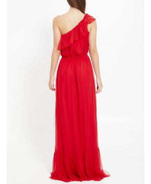 红色丝绸单肩连衣裙