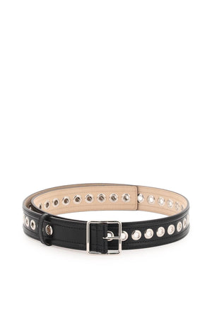 Sleek Black Leather Belt with Metal Eyelets and Squared Buckle