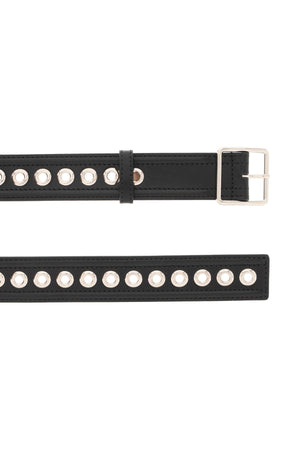Sleek Black Leather Belt with Metal Eyelets and Squared Buckle