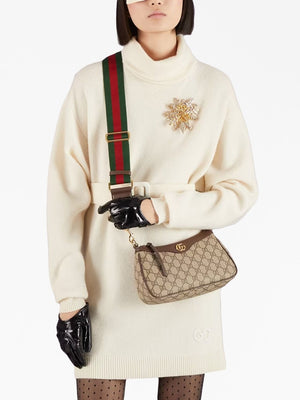 GUCCI Mini Ophidia GG Supreme Tan Handbag with Strawberry Charm & Adjustable Leather Strap, 15.5x25x6 cm