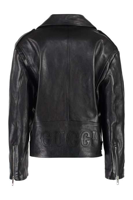 GUCCI Black Leather Jacket with Lapel Collar and Logo Buttons for Women