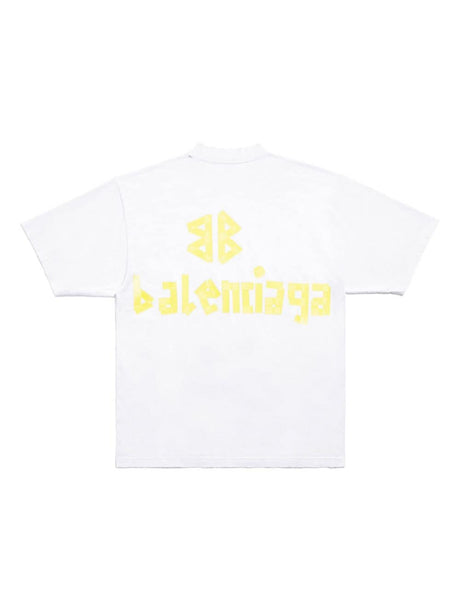 BALENCIAGA White and Canary Yellow Logo Tape Detail Cotton T-Shirt for Men