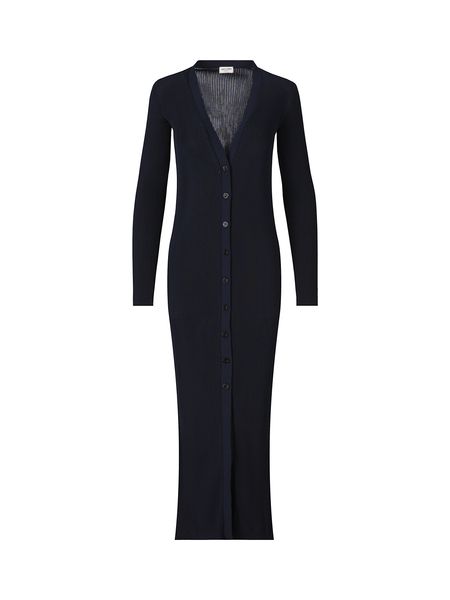 SAINT LAURENT Long Blue Ribbed Viscose Knit Cardigan Dress for Women