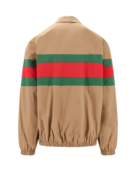 GUCCI Brown Zippered Cotton Jacket with Green-Red-Green Web Detail for Men