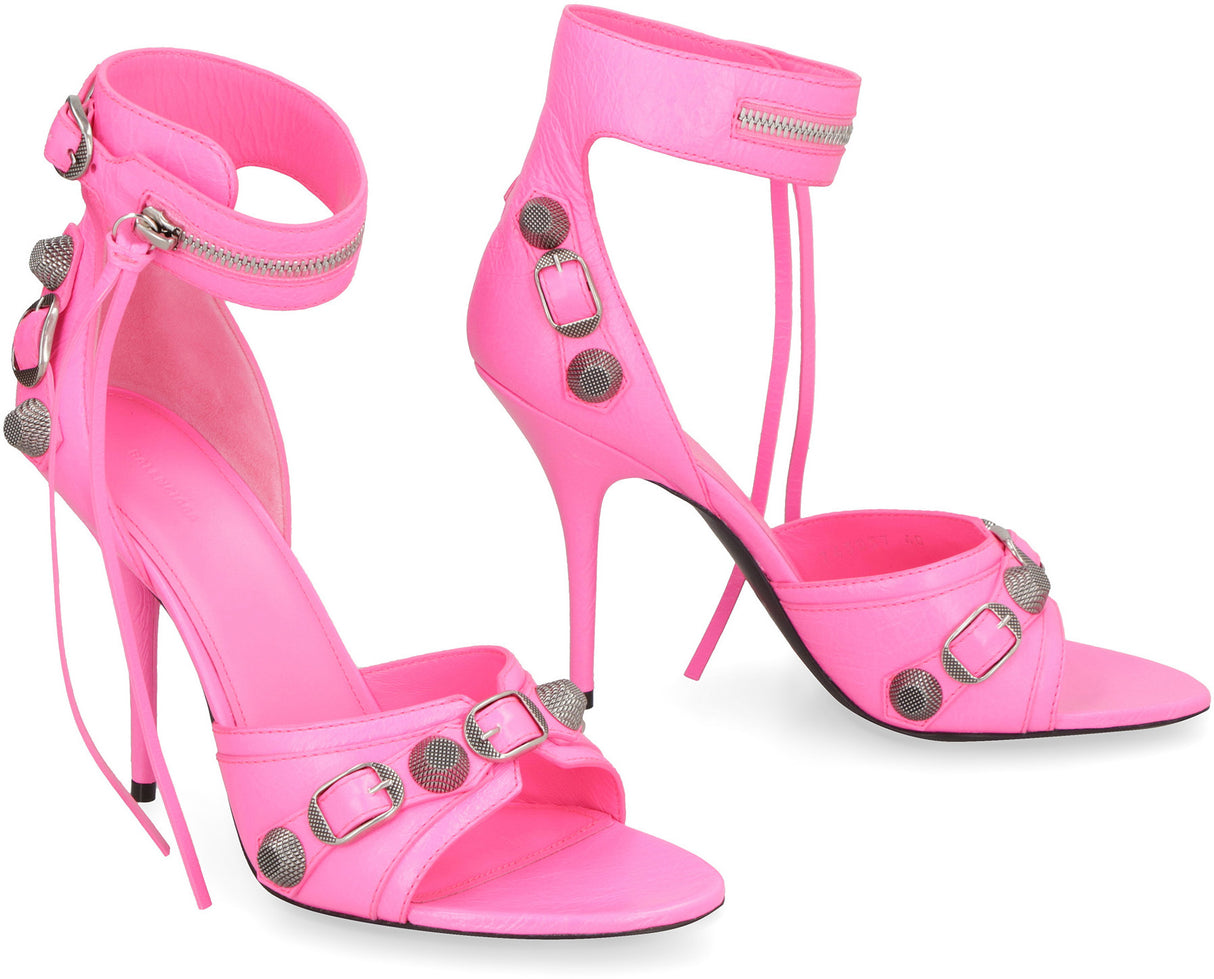 BALENCIAGA Women's Fuchsia Leather Sandals with Metal Studs and Buckles