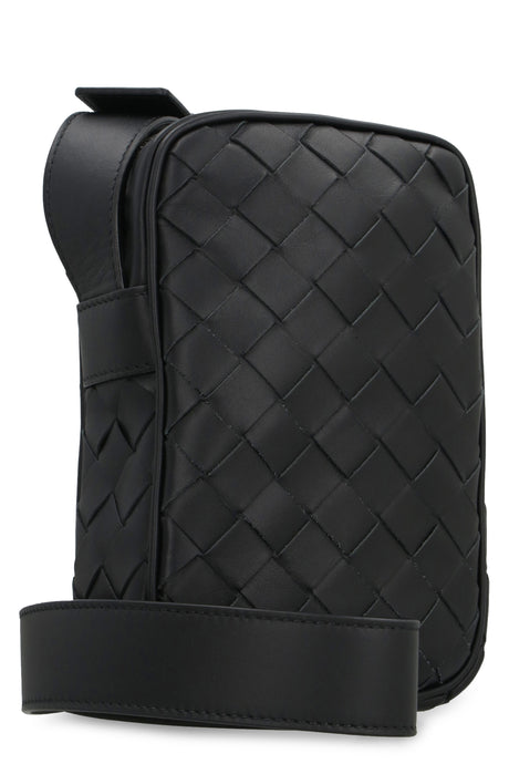 BOTTEGA VENETA Black Calfskin Crossbody Handbag with Intrecciato Pattern for Men