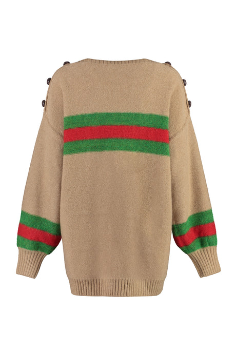 GUCCI Luxurious Wool Sweater with Leather Knot Buttons and Green-Red-Green Web Detail