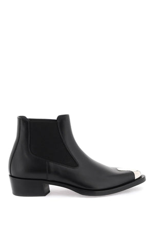ALEXANDER MCQUEEN Black Leather Punk Chelsea Ankle Boots for Men with Silver Metal Detail on Toe