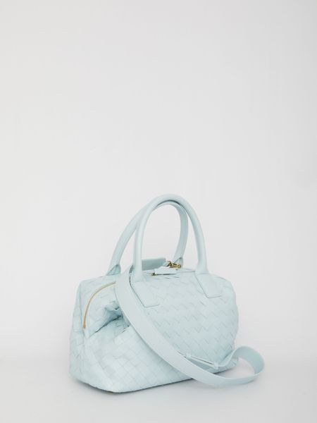 BOTTEGA VENETA Light Blue Medium Intrecciato Lambskin Bowling Handbag with Shoulder Strap, 19x34x17.5 cm