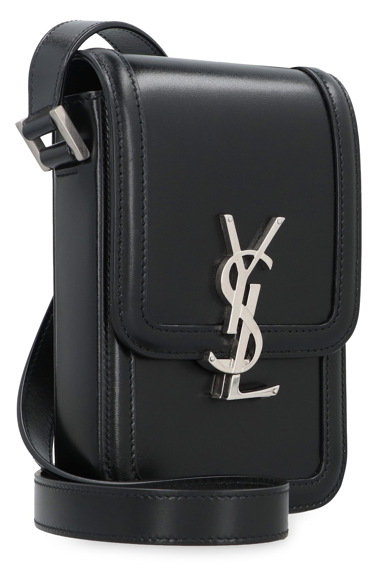 SAINT LAURENT Elegant Mini Black Leather Crossbody Bag for Men with Adjustable Strap and Silver-Tone Hardware, 11x18x5 cm