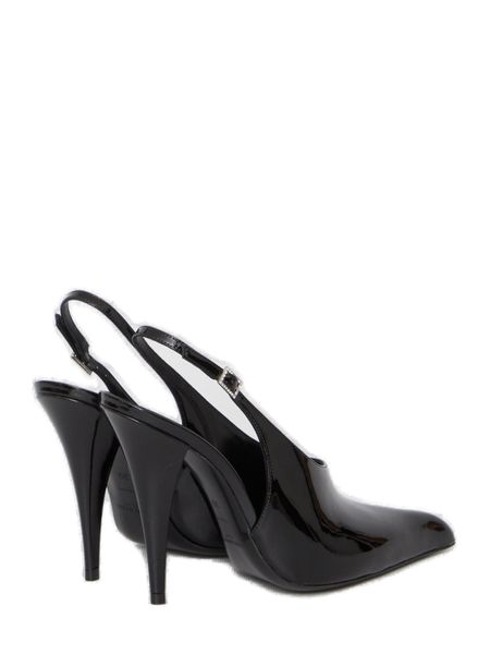 SAINT LAURENT Black Patent Leather Pointed Flats with Rhinestone Buckle for Women