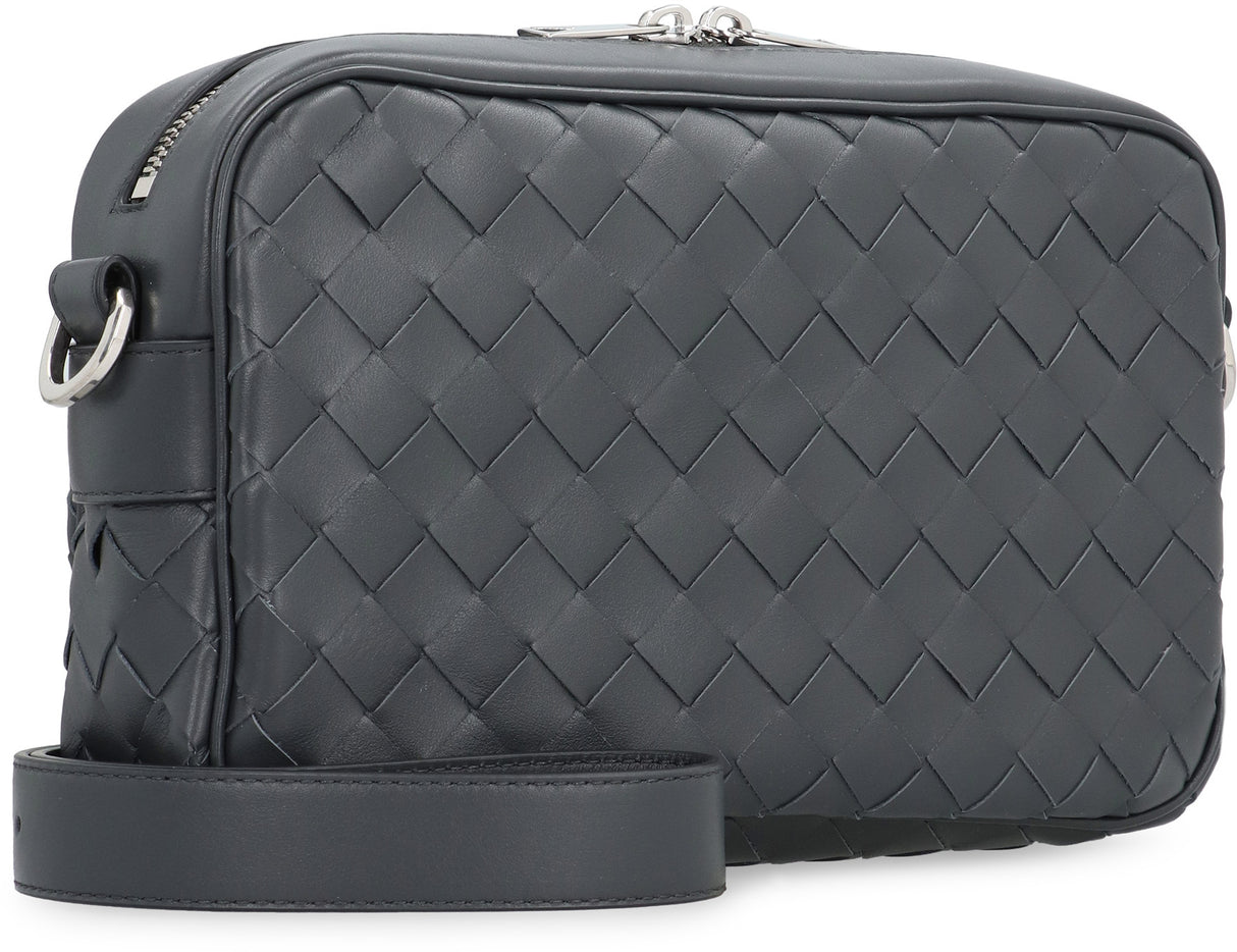 BOTTEGA VENETA Mini Intrecciato Woven Leather Camera Bag with Adjustable Strap, Gray, 24.5 cm