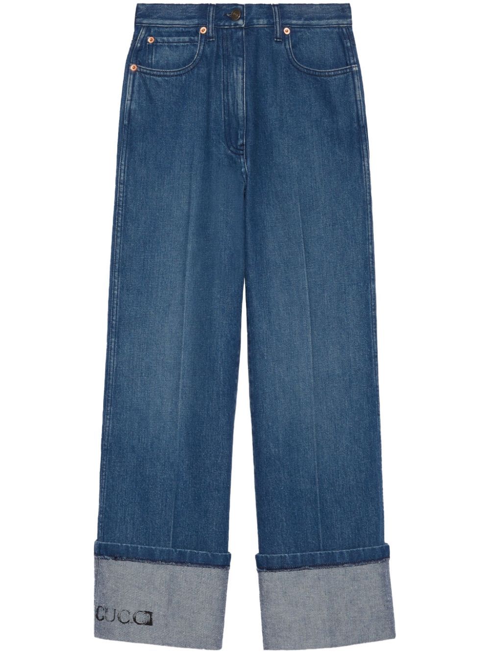 GUCCI Wide-Leg Denim Jeans with Leather Logo Tag and Roll-Up Ankle Cuffs for Women - FW23