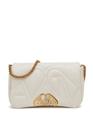 ALEXANDER MCQUEEN Ivory White Quilted Small Leather Crossbody Handbag with Detachable Straps and Silver-Tone Accents
