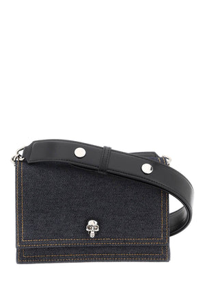 ALEXANDER MCQUEEN Mini Denim Leather Crossbody Bag with Crystal Skull Detail and Silver-Tone Accents - Multicolor