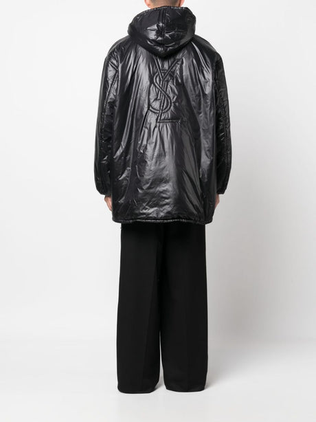 SAINT LAURENT Jet Black Oversized Hooded Anorak Jacket for Men in Nylon