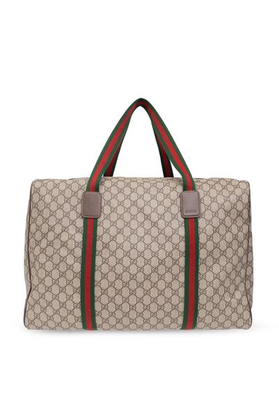 GUCCI Maxi Travel Beige & Ebony GG Supreme Men's Tote with Green & Red Accents, Brown Leather Trim – 52x34x30 cm
