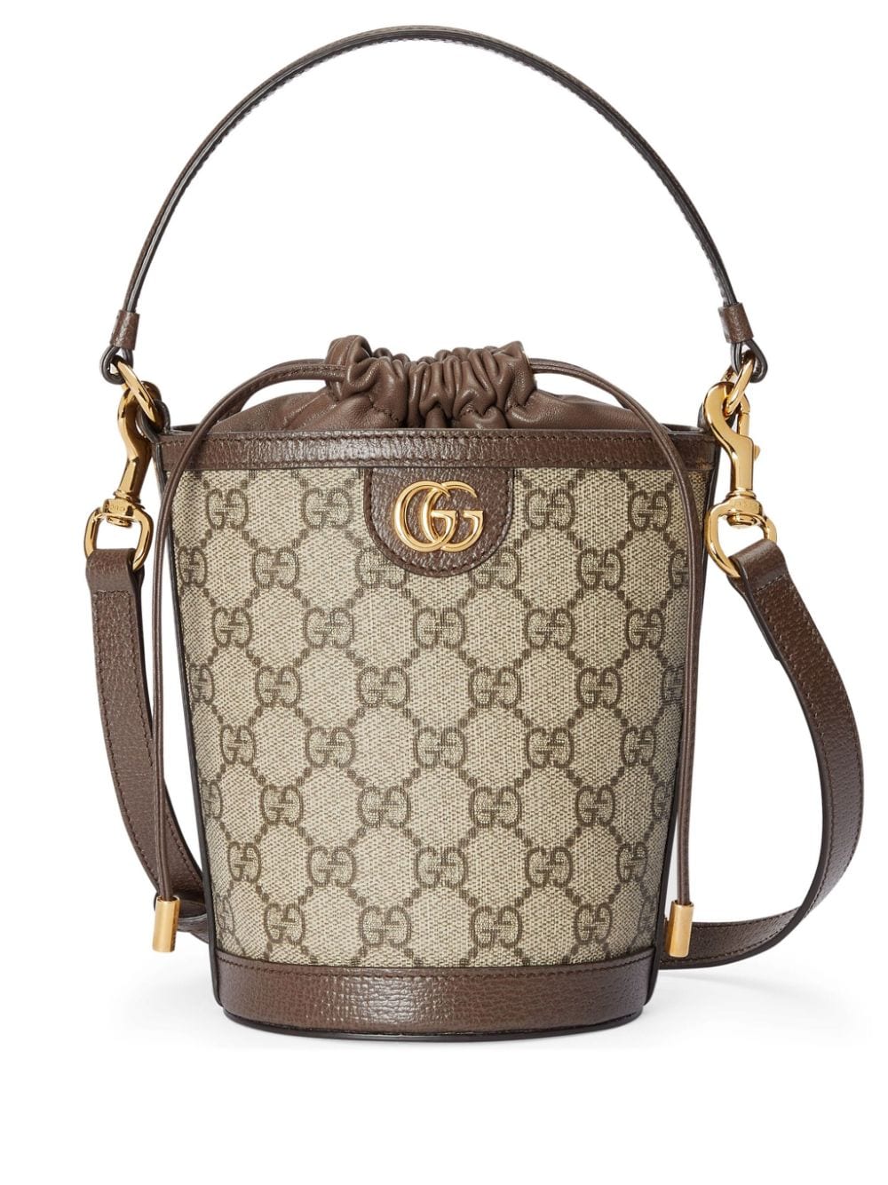 GUCCI Tan Mini Bucket Crossbody Handbag with Golden Accents and Brown Leather Trims, 11.5x20x8cm