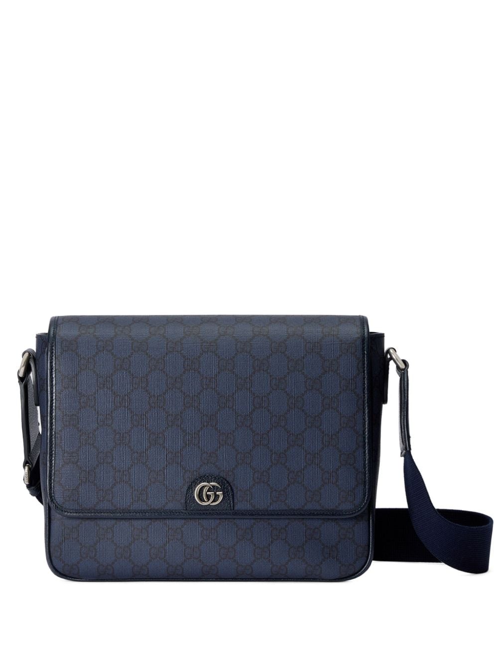 GUCCI Blue Leather Shoulder-Handbag with GG Supreme Fabric and Antique Silver-Tone Hardware