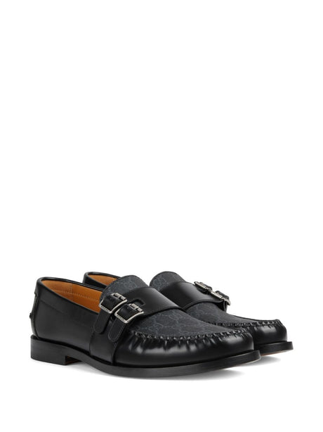 GUCCI Men's Black Leather Loafers with GG Jacquard Detail and Silver Buckles