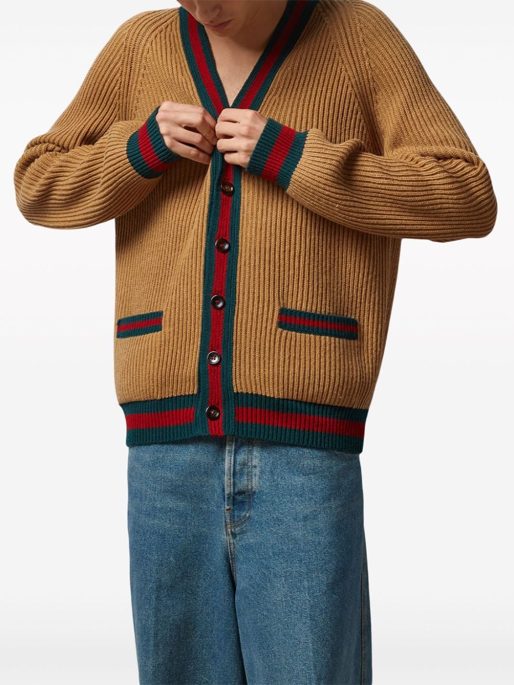 男士米色羊毛开衫带前袋和网织细节