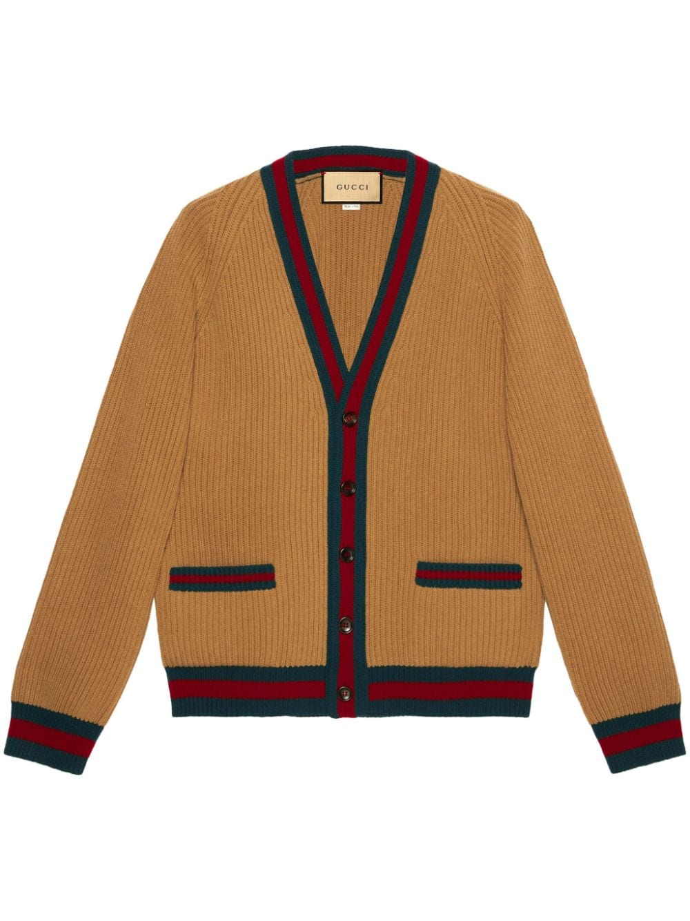 GUCCI Men's Beige Wool Cardigan with Front Pockets and Web Detail