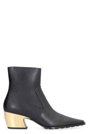 BOTTEGA VENETA Black Leather Ankle Boots with Gold-Tone Metal Heel for Women