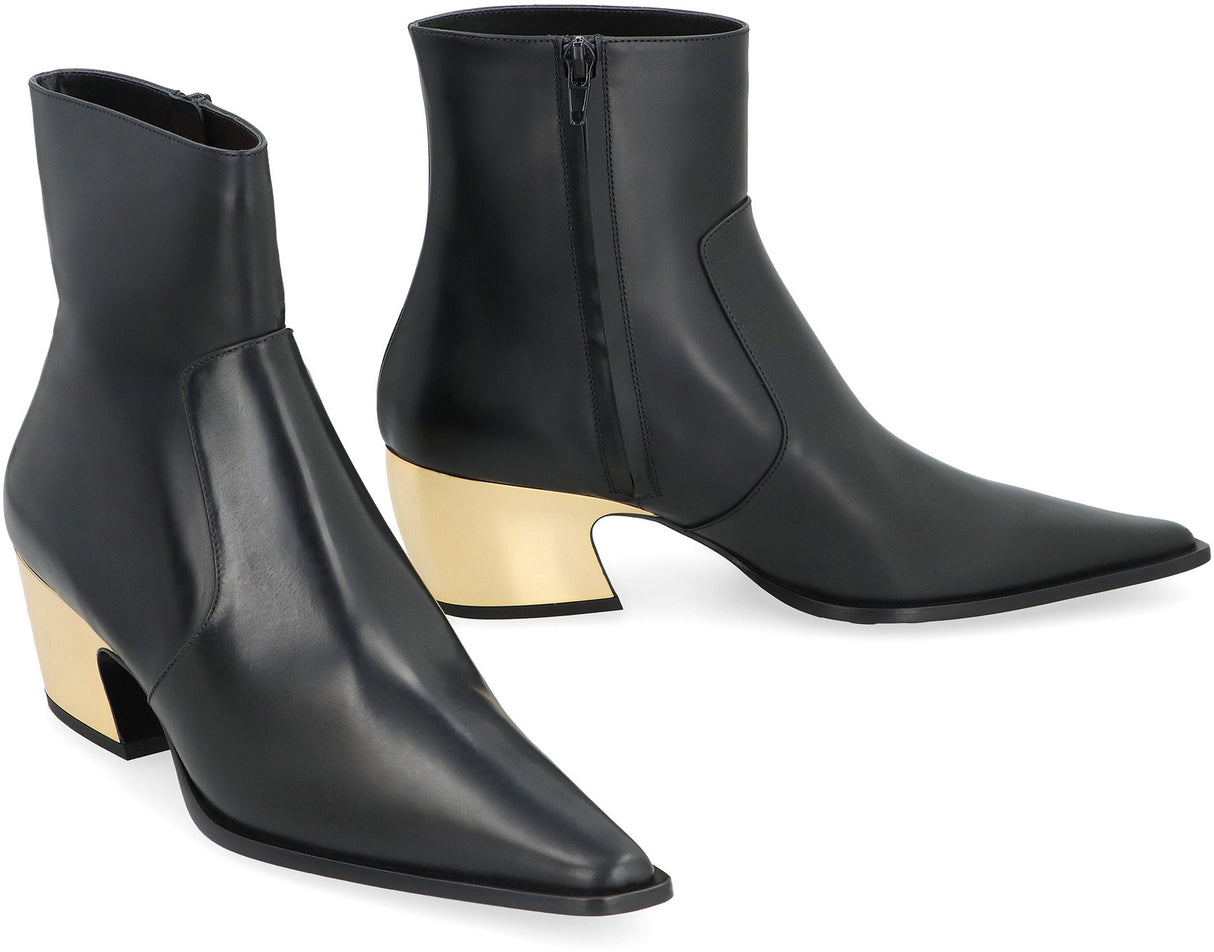 BOTTEGA VENETA Black Leather Ankle Boots with Gold-Tone Metal Heel for Women
