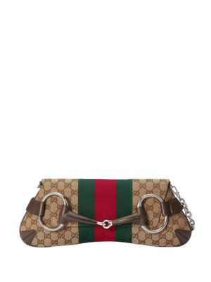 GUCCI Chic Beige and Ebony GG Fabric Horsebit Chain Shoulder Bag with Interchangeable Straps 38x15x16 cm